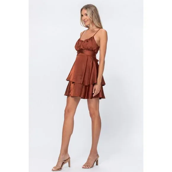 Brown Satin Ruffle Mini Dress - Picture 3 of 6